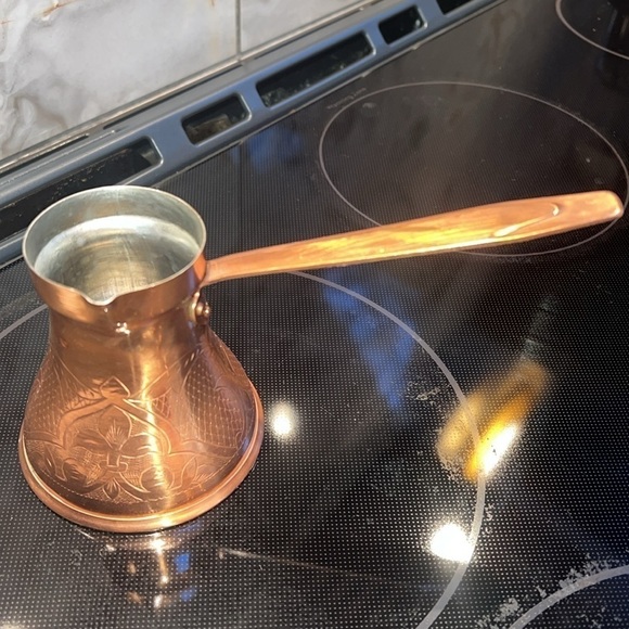 Etched Copper Turkish Coffee Pot Milk Warmer with Long Handle - Picture 5 of 7